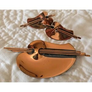 Copper Brooch Pin Earrings Set Renoir Palette 1950s Vintage Signed Statement MCM